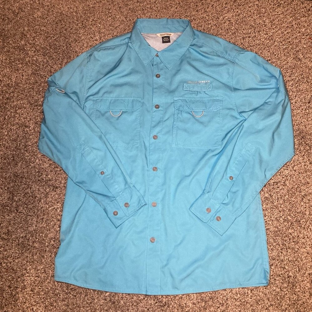 Field & Stream Mens Aqua Blue Long Sleeve Smart Cool Fishing Shirt Size M Vented